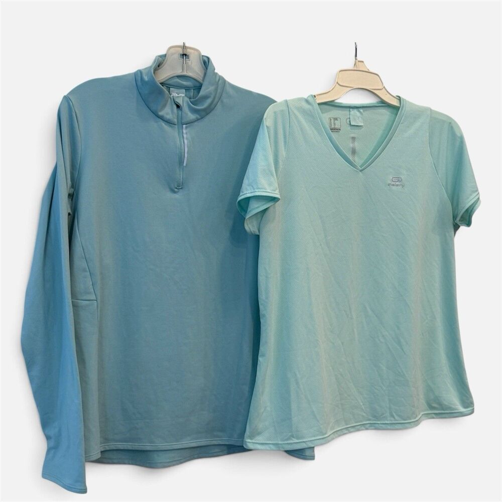 2 Pc Kalenji Decathlon Athletic Aqua Jacket Windbreaker Matching Shirt Large NEW